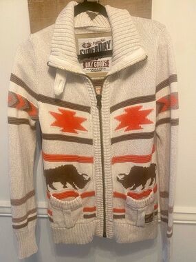 Superdry Cotton Knit Zip Up Sweater Southwest Aztec Sz M $165 RARE